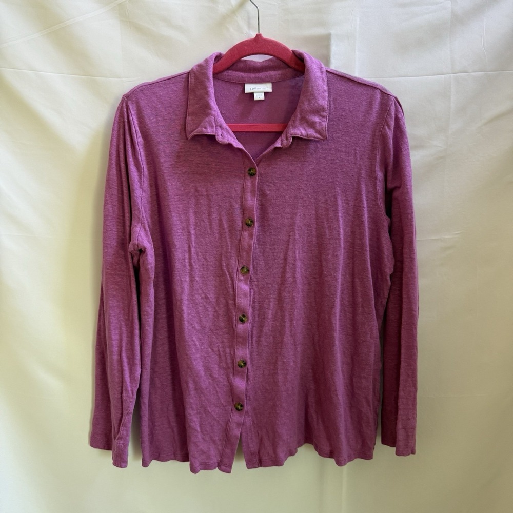 J JILL Love Linen Top Womens size L Purple Collar Button Down Long Sleeve Blouse